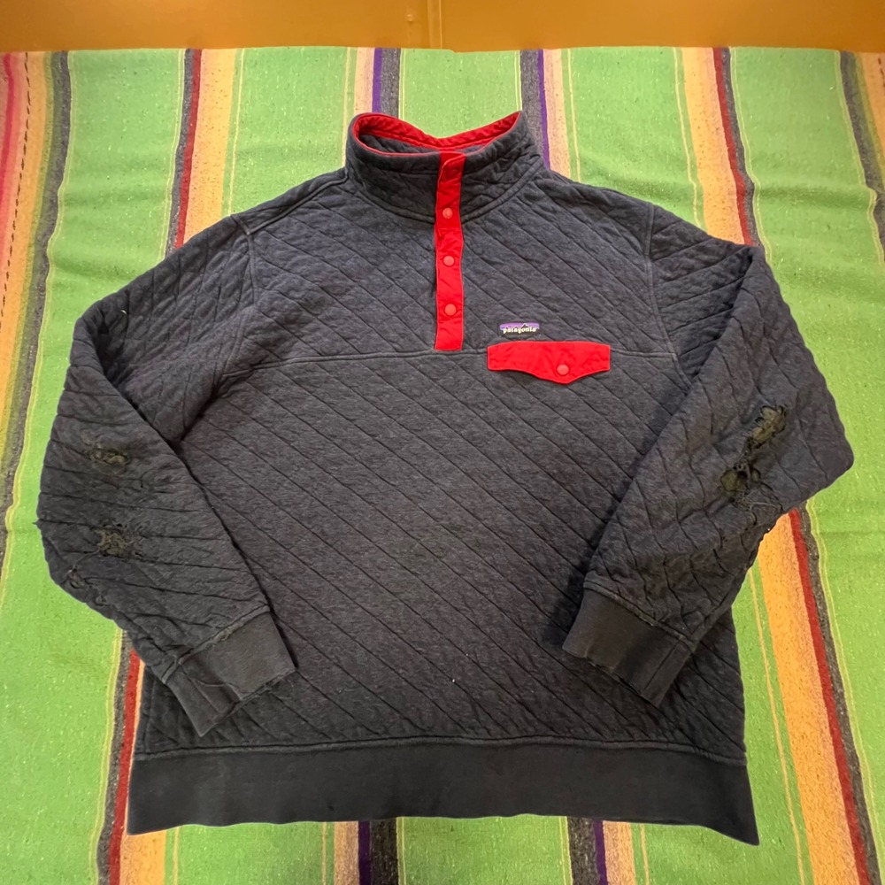 Patagonia Quilted Synchilla Snap-T Pullover Mens XL Navy Blue Distressed Thrash